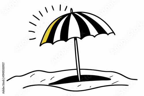 Simple hand-drawn graphic illustration of a striped beach umbrella planted in the sand, offering summer shade and sunny vacation vibes.
