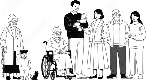 Multi-generational family line art illustration featuring parents with baby, elderly grandparents, disabled senior in wheelchair, young child, and a pet cat, isolated.