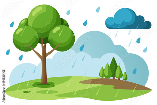A charming vector illustration depicting a peaceful outdoor landscape with a large tree and smaller evergreen trees under a raining cloud