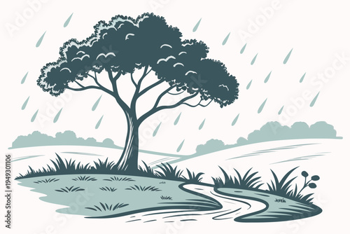 This charming vector illustration captures a peaceful natural landscape scene featuring a strong tree, falling rain, and winding path.