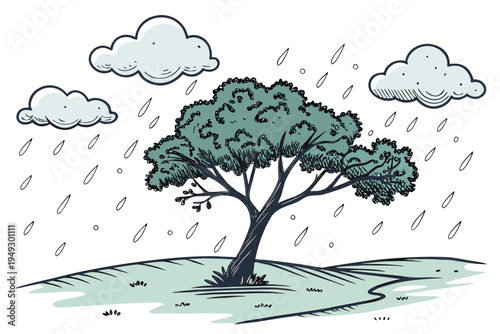 Hand-drawn vector artwork showcasing a beautiful green tree on a grassy slope under a rainy sky with clouds.