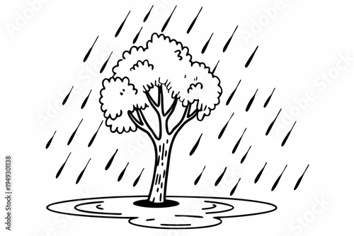 Whimsical black and white vector illustration depicting a sturdy tree enduring a heavy rain shower, with a growing puddle below.