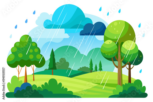 Lush natural landscape vector illustration showing green rolling hills, vibrant trees, and gentle rain falling from blue clouds.