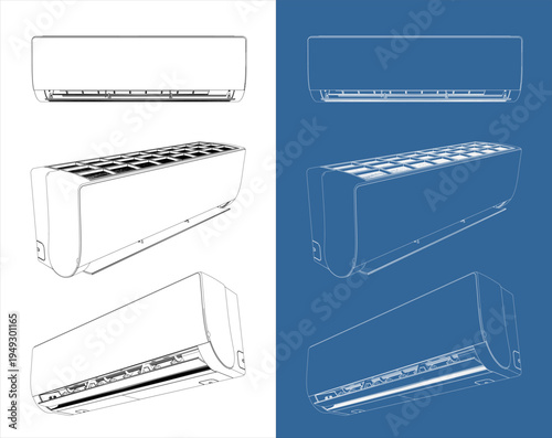 Isometric Perspective Wall Mounted Split Air Conditioner Indoor Unit Technical Drawing Blueprint