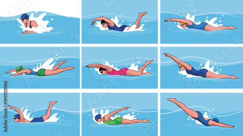 Swimming strokes collection featuring illustrations of female swimmers performing front crawl, breaststroke, butterfly, and backstroke techniques in blue water for sports and fitness.