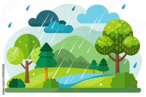 A beautiful vector illustration depicting a peaceful natural landscape on a rainy day with lush green hills and flowing water.