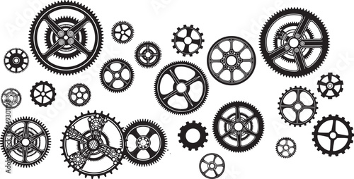 Black gear wheels vector illustration, interconnected mechanical components collection, industrial cogwheel design set, engineering machine parts concept, 