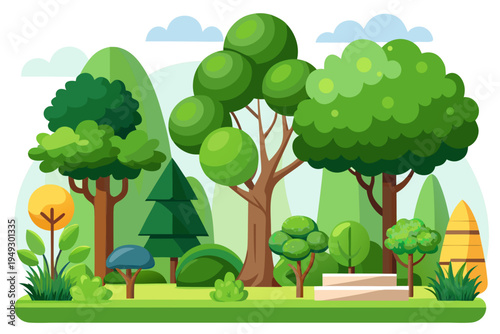 Vibrant vector graphic illustration portraying a beautiful cartoon forest park landscape with diverse green trees, lush bushes, rolling hills, and soft clouds.
