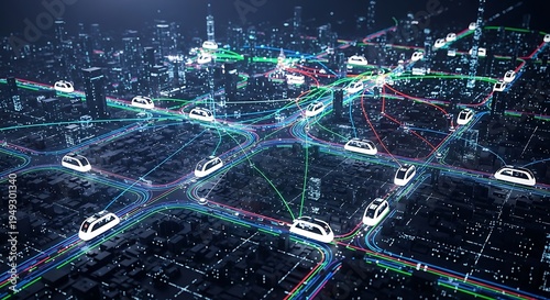 Smart City Traffic Network with Connected Cars, IoT Communication and Digital Urban Infrastructure at Night