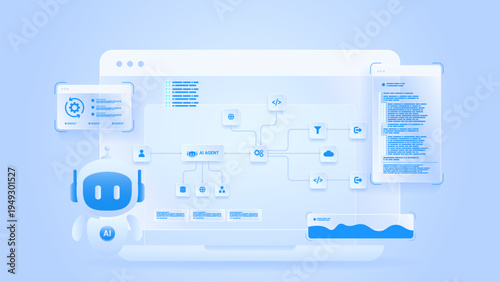 AI workflow automation artificial intelligence. ai agent network diagram dashboard machine learning architecture processing flow, coding panels and automation flow.