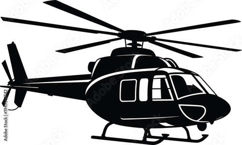 Black and white silhouette vector illustration of helicopter aircraft side view with rotor blades, landing skids, cockpit, and fuselage design