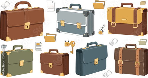Vintage briefcase collection vector illustration with classic leather suitcases, retro office bags set with locks, documents and business accessories
