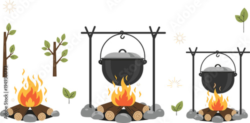 Camping campfire cooking pot vector illustration set with hanging cauldron over firewood, outdoor survival cooking scene in forest nature environment