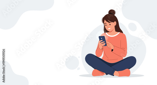 Young Woman Sitting Cross-legged Using Smartphone, Modern Flat Illustration