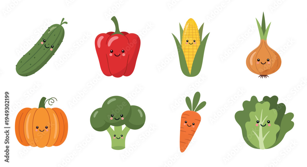 Fototapeta premium Cartoon vegetables collection on white background