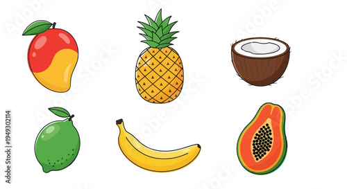 Cartoon tropical fruits on white background