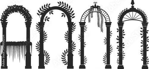 Four black and white decorative arches with floral and vine patterns