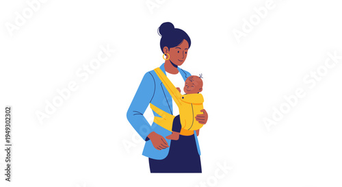 Happy Working Mother Carrying Baby in Sling - Modern Parenthood & Work-Life Balance Illustration
