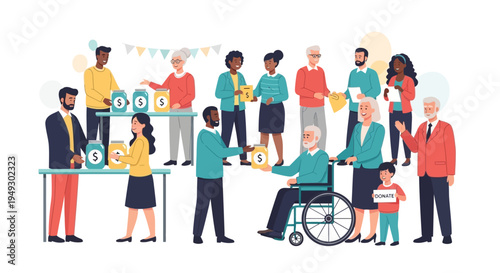 Diverse Community Charity and Donation Event: Volunteers and Donors Giving Support and Money