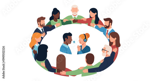 Diverse Community Circle: People from different backgrounds supporting each other, with central communication and dialogue. Global teamwork and inclusivity concept.