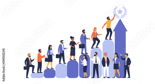 Diverse Business Team Climbing Up Success Chart: Career Progression, Growth, and Achievement