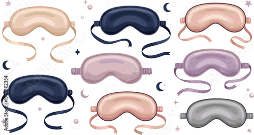 Cute sleep eye mask collection vector illustration with soft pastel colors, cartoon sleeping masks set for bedtime, travel rest accessory design
