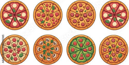Eight colorful illustrated pizzas with various toppings arranged in a grid pattern pepperoni