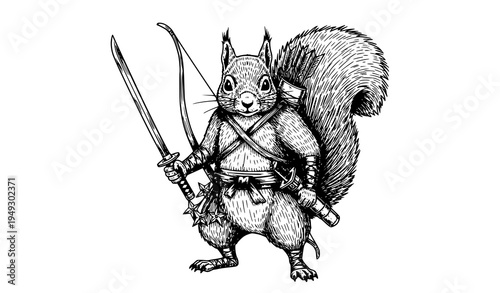 Anthropomorphic ninja squirrel warrior with katana bow arrows and shuriken hand drawn sketch vector