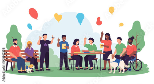 Diverse & Inclusive Community Gathering: People Learning, Connecting, and Celebrating Together with a Service Dog and Wheelchair User - Vector Illustration