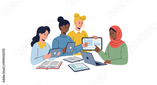 Diverse Professional Women Collaborating with Technology & Books: Teamwork, Learning & Innovation Concept