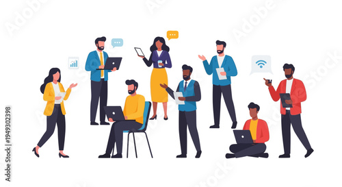 Diverse Business Team Collaborating and Communicating Digitally. Group of Professionals Working with Laptops, Tablets, and Discussing Ideas.