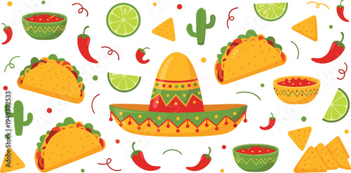 Mexican food vector illustration with tacos, nachos, chili peppers, lime and sombrero, colorful Cinco de Mayo fiesta elements seamless style design