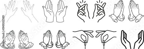 Minimal prayer hands and finger heart gesture line icons collection representing love, gratitude, hope, spirituality and positive emotions in modern outline style.