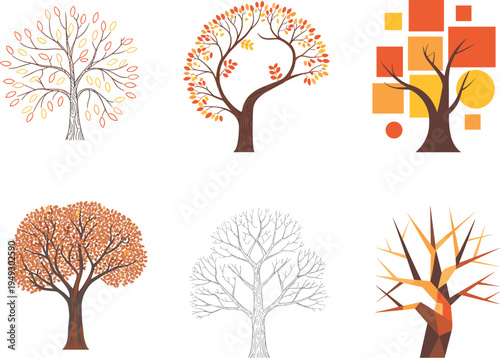 Six stylized autumn trees with different artistic and color schemes on white background leaves orange