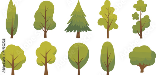 Ten Different Green Trees with Brown Trunks on a White Background nature