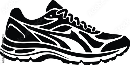 Black White Running Sneaker Sport Shoe Illustration,
Black and white vector illustration of modern running sneaker, side view athletic shoe with laces and thick sole, sporty icon.