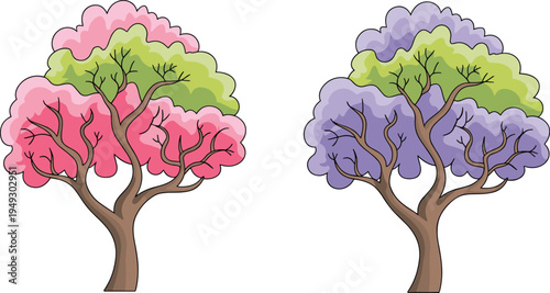 Two colorful trees with pink and purple leaves and green foliage on branches