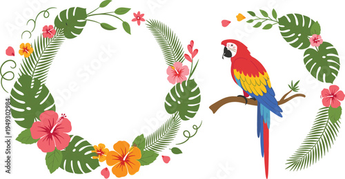 Tropical floral wreath and macaw parrot vector illustration set with jungle leaves, hibiscus flowers, exotic nature frame decoration design
