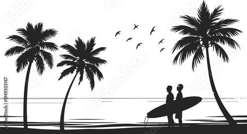 Two silhouetted people holding a surfboard standing on a beach with three palm trees and flying birds