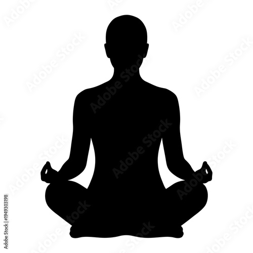 Black silhouette of a person in a lotus yoga pose for meditation, mindfulness, and spiritual wellness concepts.