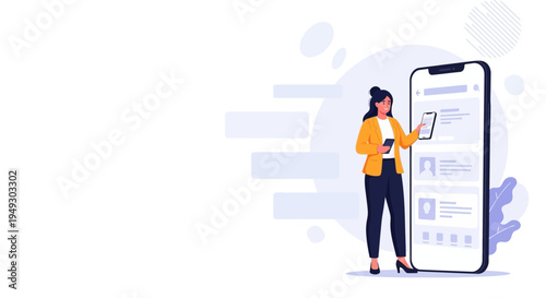 Woman using smartphone with large mobile screen displaying profiles, business concept