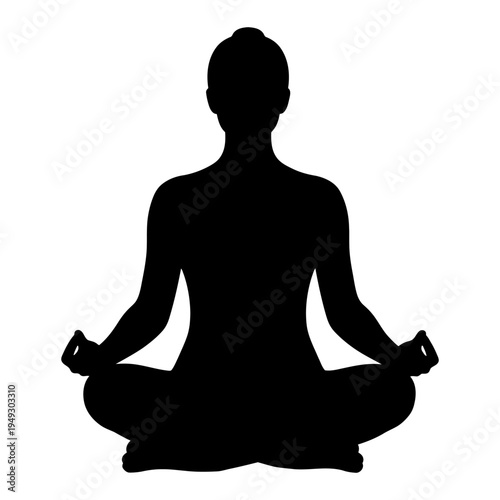 Black silhouette of a person practicing yoga in lotus position for meditation, mindfulness, and mental health wellness