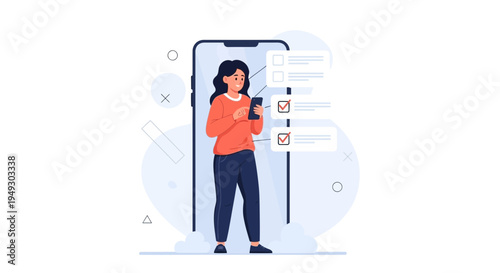 Woman Using Smartphone with Checklist on Large Screen, Digital Task Management