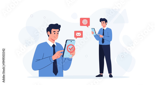 Businessmen using smartphones with notification icons, email and settings, digital communication concept