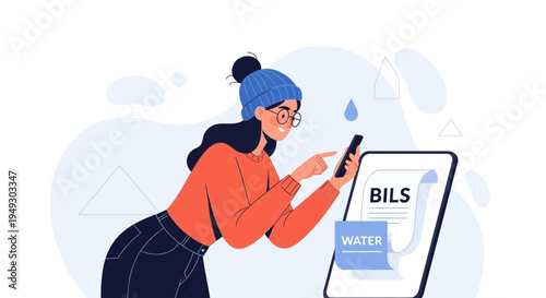 Woman Paying Water Bills Online Using Mobile Phone App