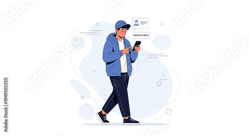 Young man in casual clothes walking and using smartphone, modern flat illustration