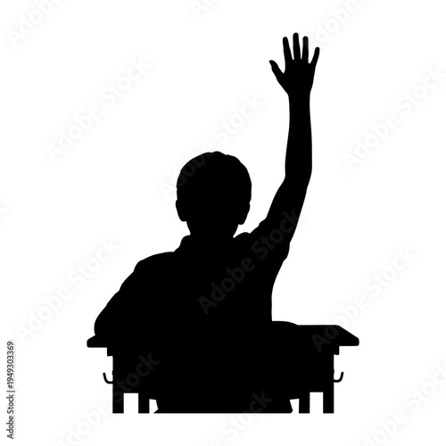 Silhouette of a student sitting at a desk and raising a hand to participate in class, symbolizing education, curiosity, and active learning in a school environment.