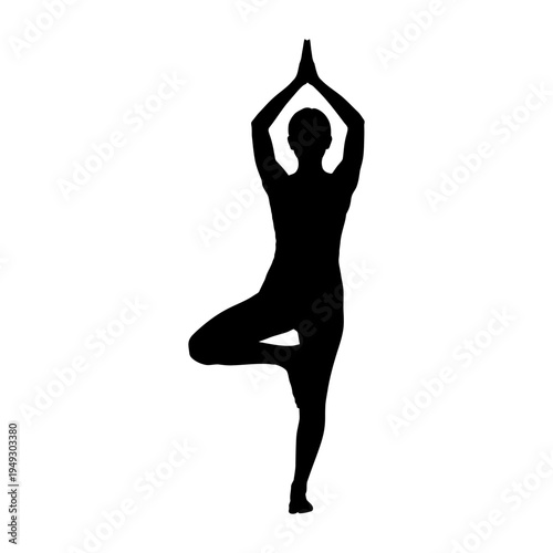 Black silhouette of a person in yoga tree pose for wellness, mindfulness, and physical balance, ideal for health and fitness designs.