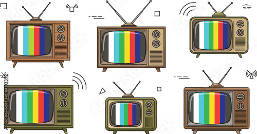 Retro vintage television set collection vector illustration with old TV screens, classic broadcast color bars, nostalgic media technology icons