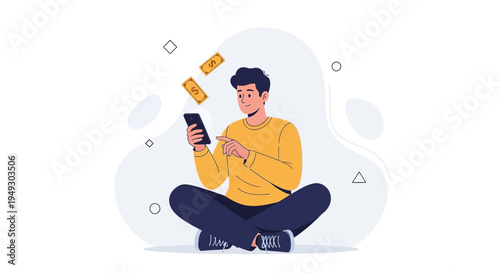 Man using smartphone with money falling, online earning concept